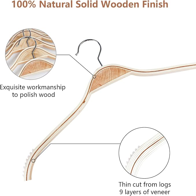 DEDU Wooden Hangers 24 Pack Lightweight, Coat Hangers for Closet Space Saving, Slim Wood with Soft Rubber Non Slip Strip for Wamisole, Wedding Dress, Sweater (Natural Finish)