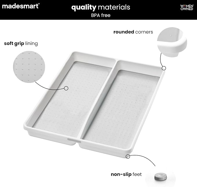 madesmart 2 Compartment Premium Utensil Tray, Multi Purpose Storage Organizer, Non Slip Lining, Deep Storage for Ladles, Whisks & Serving Tools, for Drawers & Home Organization, White