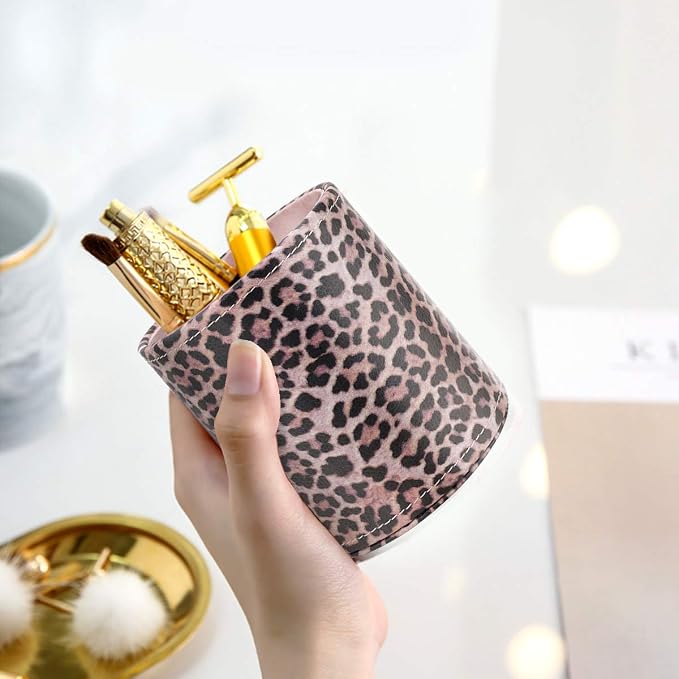 Pen Holder for Women Girls Desk Decor Pencil Cup for Decoration Durable Leather Desk Organizer Makeup Brush Holder, Classic Leopard
