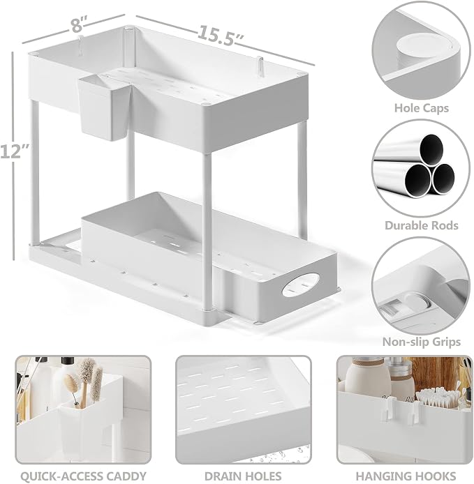 Under Sink Organizers and Storage | Bathroom Cabinet Organizer, Sink Shelf with Utility Hooks and Side Caddy for Under Cabinet Storage | White (2-Pack) Under Kitchen Sink Organizer with Sliding Drawer