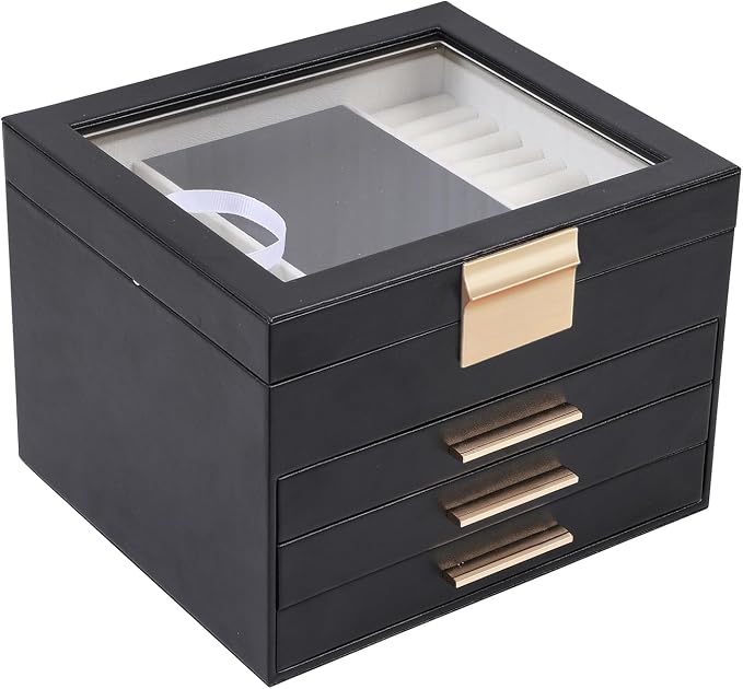 BOOVO Clear Lid Jewelry Box,3 Layers Jewelry Organizer Large Jewelry Storage Box with 2 Drawers,Jewelry Holder Organzier of Rings Earrings Necklace Bracelets for Women (Black, 4 Layer)
