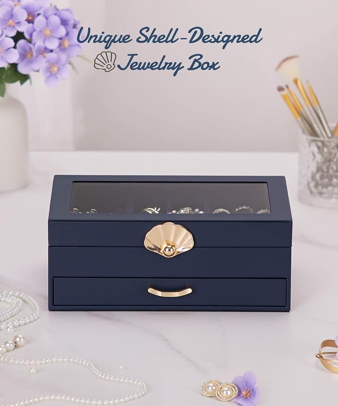 Enthralite Modern Jewelry Organizer for Women: 2-Layer Box with Clear Lid | Space-Saving Design for Elegant Vanity Order - Storage for Ring Earring Necklace Bracelet - Suits Women Who Value Style