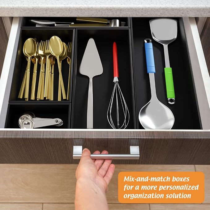 Black Bamboo Drawer Organizer - Silverware&Utensil Holder Organizer for Kitchen Drawers, Multi-Use Drawer Dividers Boxes for Bathroom Counter，Cabinet, Garage, Office Desk, Makeup, Jewelry (12*6*2.5) | Silverware Cutlery Utensil Tray, Multi-Use Drawer D...