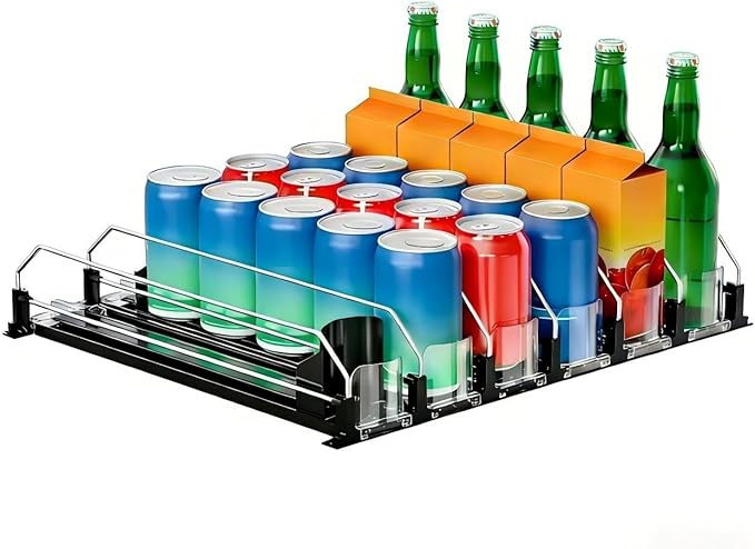 6 Rows Black Drink Organizer for Fridge, 3rd Gen Refrigerator Organizers and Storage, Automatic Pusher Glide and Adjustable Width Can Organizer for Refrigerator - Holds up to 30 Cans