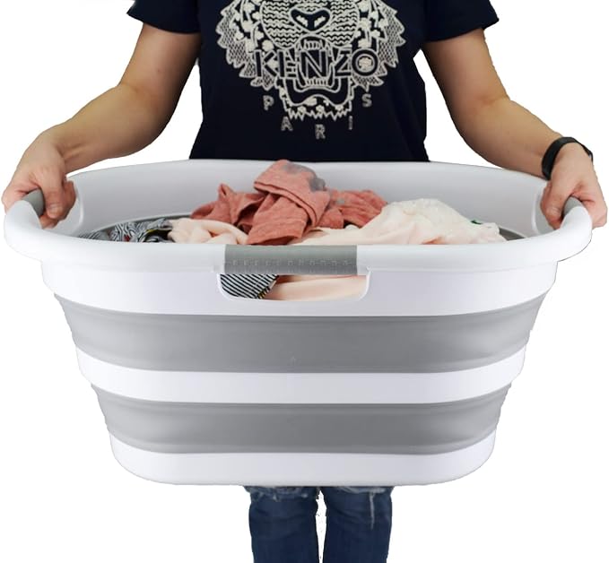 SAMMART 40L (10.5 gallon) Collapsible Plastic Laundry Basket - Foldable Pop Up Storage Container/Organizer - Portable Washing Tub - Space Saving Hamper/Basket (1, White/Grey)