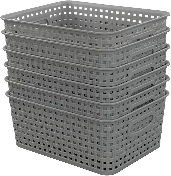 Morcte 6-Pack Gray Plastic Storage Basket, Plastic Woven Bin