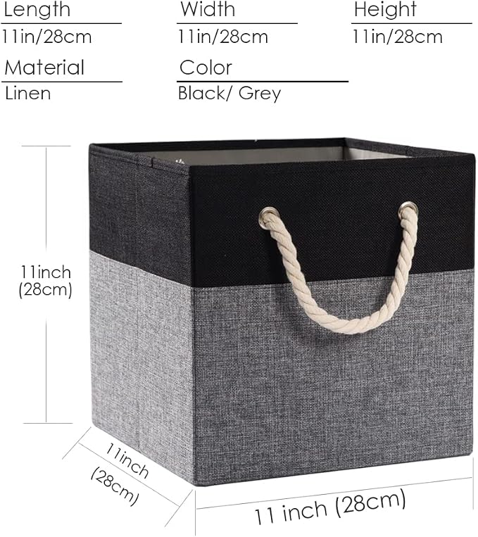 PRANDOM Large Foldable Cube Storage Bins 11x11 inch [4-Pack] Fabric Linen Storage Baskets Cubes Drawer with Cotton Handles Organizer for Shelves Nursery Closet Bedroom Black