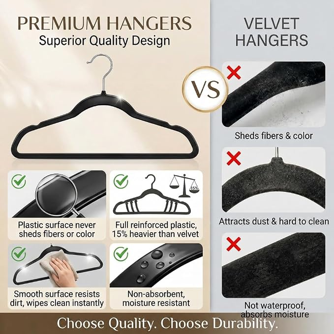 SMARTOR Plastic Hangers 50 Pack, Heavy Duty Plastic Hangers for Clothes - Non-Velvet Slim Hangers with 360° Swivel Hook & Clothes Thin Hanger - Durable Coat Hangars, Space Saving Hanger - Black