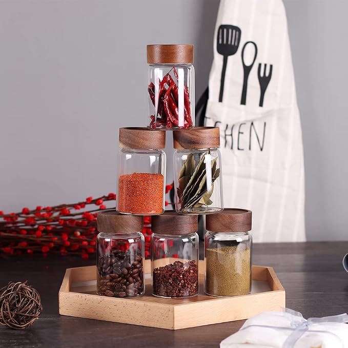 SAIOOL 6 Pcs Small Glass Spice Jars with Label,High Sealing Threaded Mouth,with Black Printed Spice Labels - 8.79oz /260ml*6,Empty Cylinder Spices Bottles,Storage Jars with Airtight Screw Lids