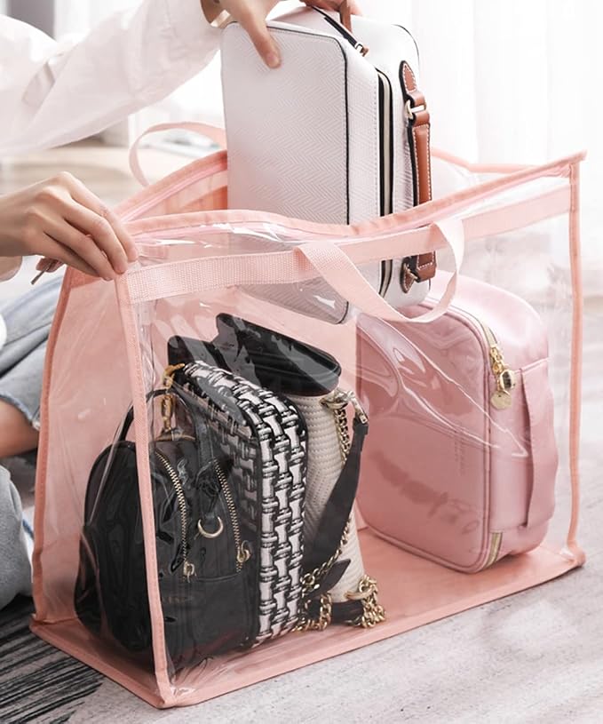 Handbag Dust Bags Clear Purse Storage Organizer for Closet Small to Extra Large Handbags Dust Free Bags Hanging Zipper Storage Bag with Hooks, (Pink, 4 Sizes-4PCS)
