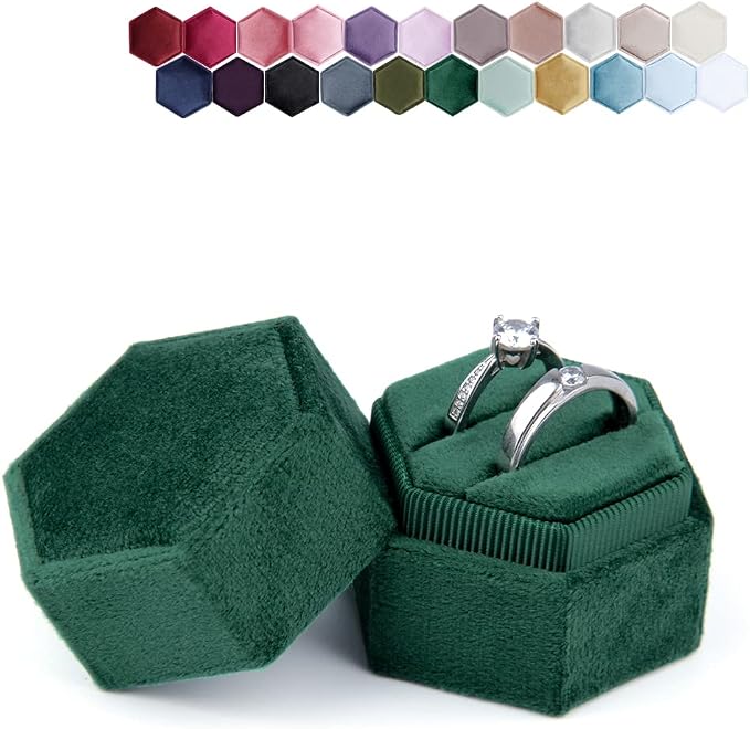 DesignSter Hexagon Velvet Ring Box - Premium Gorgeous Vintage Double Ring Display Holder with Detachable Lid Ring Bearer Box or Proposal, Engagement, Wedding, Ceremony （Emerald）