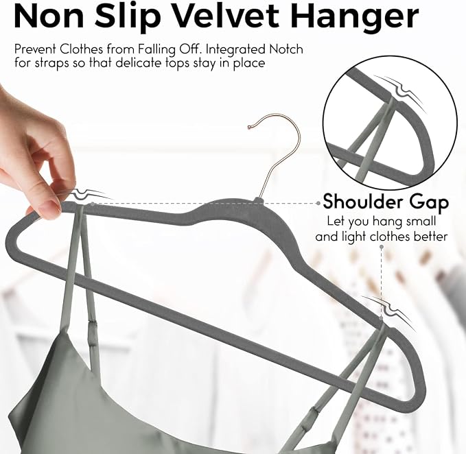 Techzoo Premium Velvet Hangers 50 Pack Ultra Thin Non Slip Adult Felt Space Saving Slim Suit Hanger for Closet Heavy Duty Coat Pants Jackets Dress Hangers 360° Swivel Hook Hold Upto 10 lbs Gray