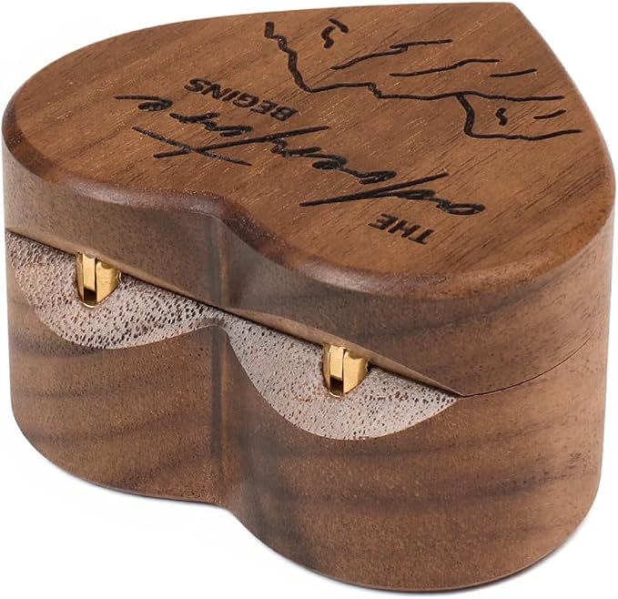 Engagement Proposal Ring Box Secret Slim Engraved Wooden Heart Case | Engrave"The adventure begins", Walnut Wood Ring Bearer Box Jewelry Storage Holder Display for Wedding Ceremony Commemoration