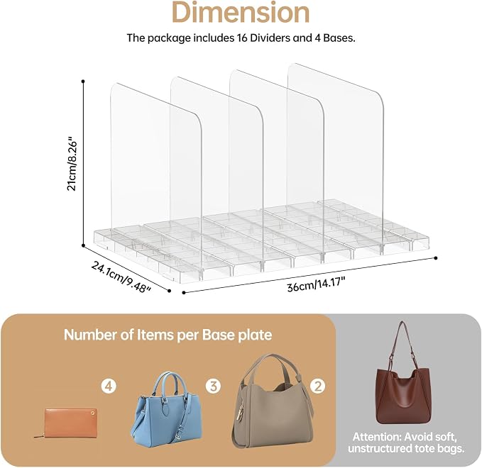 PAVSTINE Purse Organizer for Closet, Stackable Handbag Storage Shelf, Adjustable Clear Shelf Dividers, Keep Clutch, Bag, Pocketbook Upright, for Bedroom (Clear)