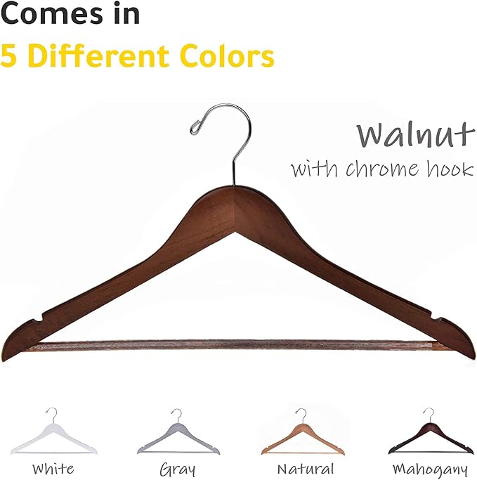 Quality Wooden Hangers - Slightly Curved Hanger 80 Pack Sets - Solid Wood Coat Hangers with Stylish Chrome Hooks - Heavy-Duty Clothes, Jacket, Shirt, Pants, Suit Hangers Walnut - Chrome Hook