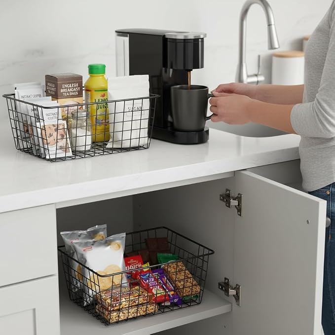 Kitchen Metal Wire Baskets Farmhouse Decor Metal Food Storage Organizer,Household Refrigerator Bin with Built-in Handles for Cabinets,Pantry,Bathroom,Black