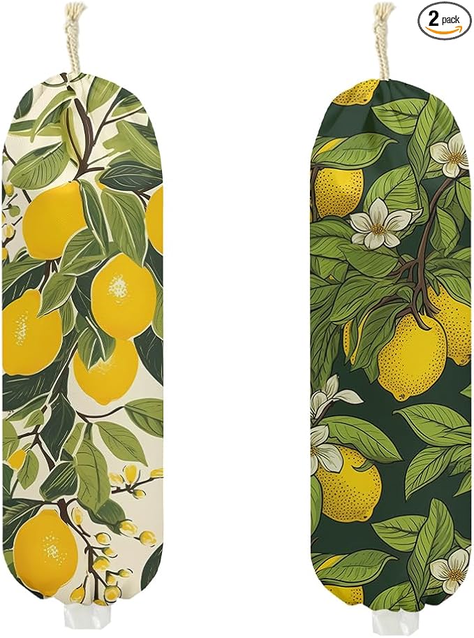 2Pcs Lemon Plastic Bag Holder, Wall Mount Grocery Bag Holder for Plastic Bags, Flower Reusable Grocery Bags Storage Dispenser for Home Kitchen Farmhouse Decor, Lemon Gifts for Women Mom, 22.5x9 Inch