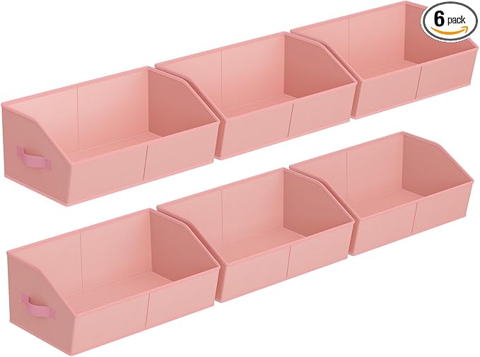 Homsorout Storage Bins for Shelves - Large Trapezoid Closet Shelf Organizer, Fabric Organization Bins with Handles, Storage Baskets for Clothes, Towel, Purse, 6 Pack, Pink