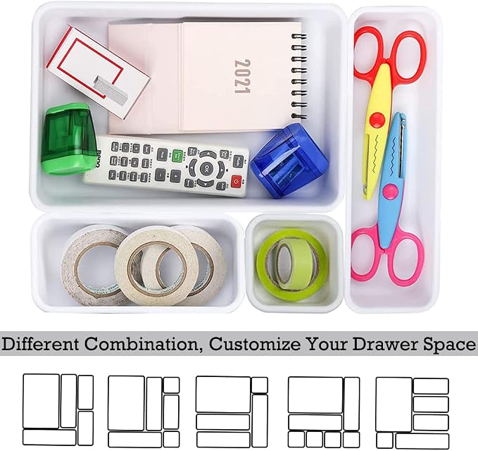 BOPART 25pcs Drawer Organizer Trays for Makeup Jewelries or Gadgets Storage Bins Interlocking for Office, Bedroom Dresser, Bathroom Vanity, Kitchen Junk Drawers Organization - White