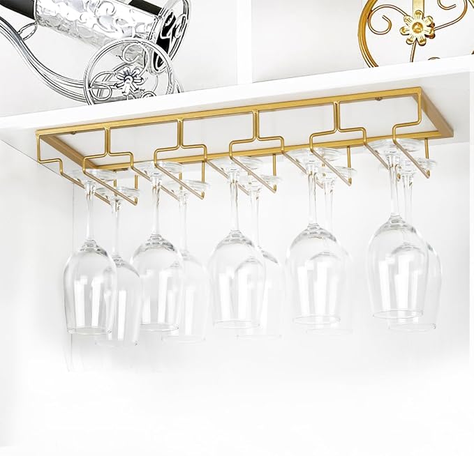 FOMANSH Wine Glass Rack - Under Cabinet Stemware Wine Glass Holder Glasses Storage Hanger 1 Pack Metal Organizer for Bar Kitchen 5 Rows Gold
