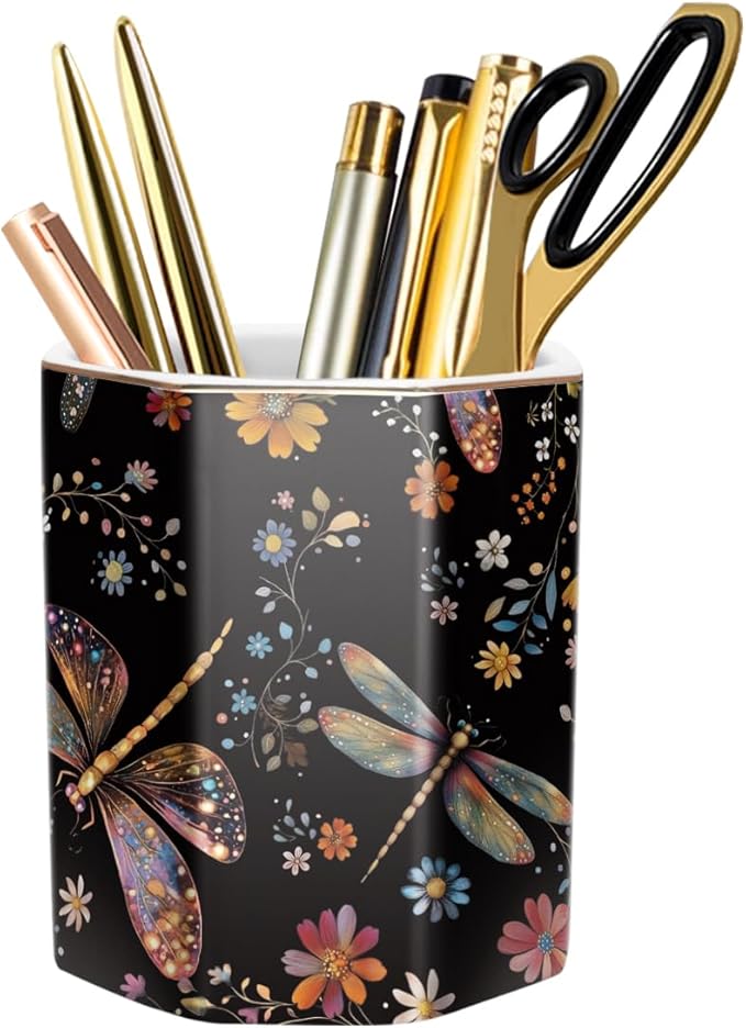 Pen Holder, Pencil Cup for Desk, Cute Desk Organizer, Durable Ceramic Decorative Makeup Brush Desktop Accessories, Stylish Stationery for Office, Home, Cute Dragonfly Pattern
