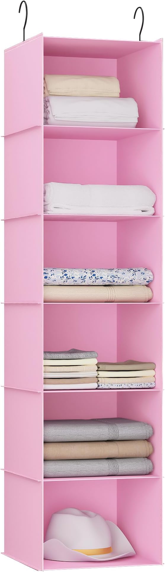 Hanging Closet Organizer 6-Shelf, Oxford Fabric Wardrobe Storage, Pink | Easy-mount foldable design holds clothes, handbags, shoes & accessories; washable Oxford fabric, sturdy and space-saving.