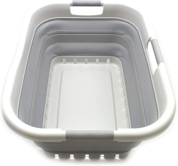 SAMMART 41L (10.8 gallon) Collapsible Plastic Laundry Basket - Foldable Pop Up Storage Container/Organizer - Portable Washing Tub - Space Saving Hamper/Basket (3 handled rectangular, Grey/Grey)