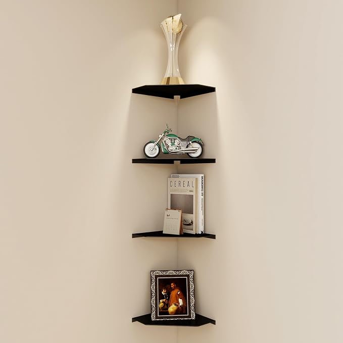 10 Inch Black Floating Corner Shelf Wall Mounted, Large Triangle Shelf for TV Box, Router, Speakers, Wine & Trophies