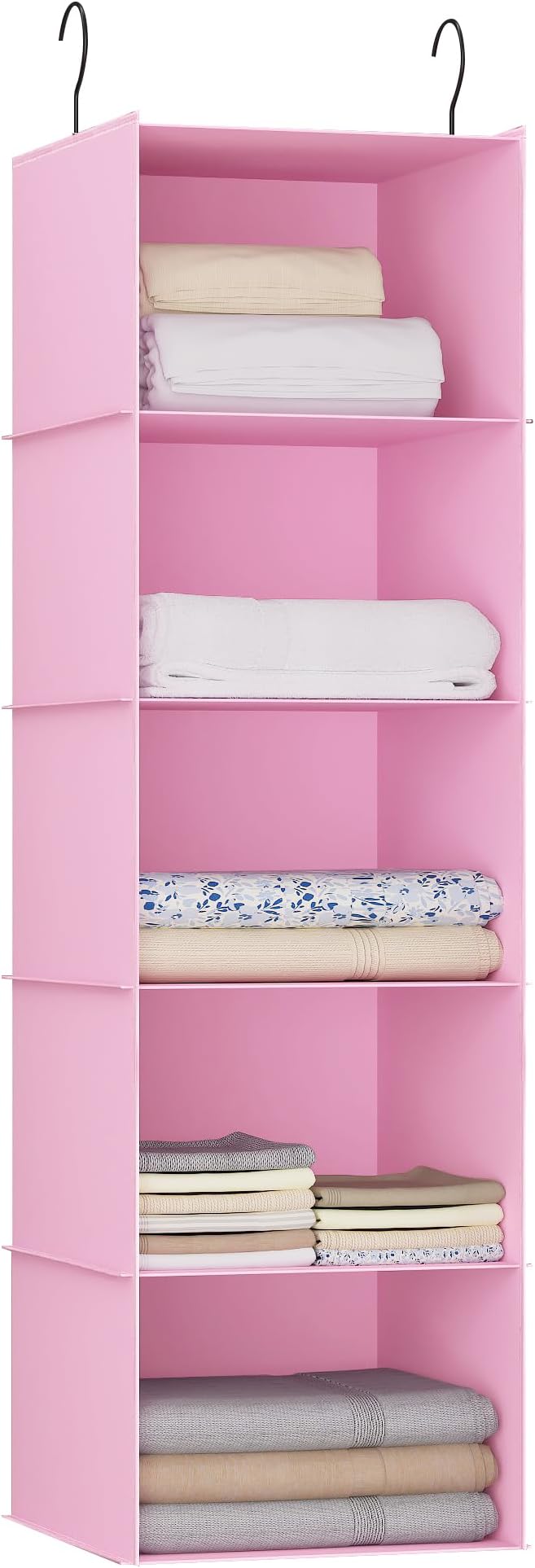Hanging Closet Organizer 5-Shelf, Oxford Fabric Wardrobe Storage, Pink | Easy-mount foldable design holds clothes, handbags, shoes & accessories; washable Oxford fabric, sturdy and space-saving.