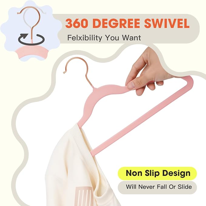 Kids Hangers 50 Pack,14 Inch Kids Velvet Hangers Slim & Space-Saving,Baby Clothes Hangers with 360 Swivel Hook,Heavy Duty Hanger for Infant & Childrens Coats, Pants,and Dress (Pink)