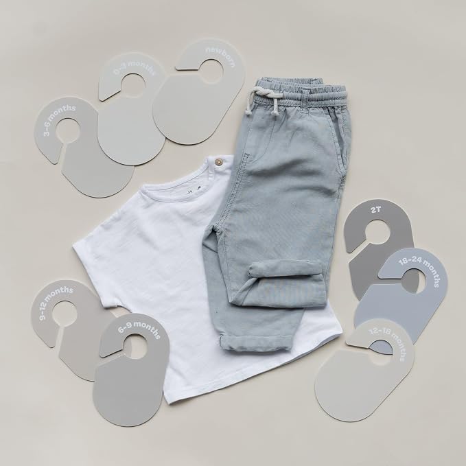3 Sprouts Baby Closet Dividers, Newborn to 2T, Beige & Gray, 8 Piece Set | Newborn to 2T sizing, 8-piece set, Double-sided size labels, Age labels, Nursery closet storage, Baby clothes organizer