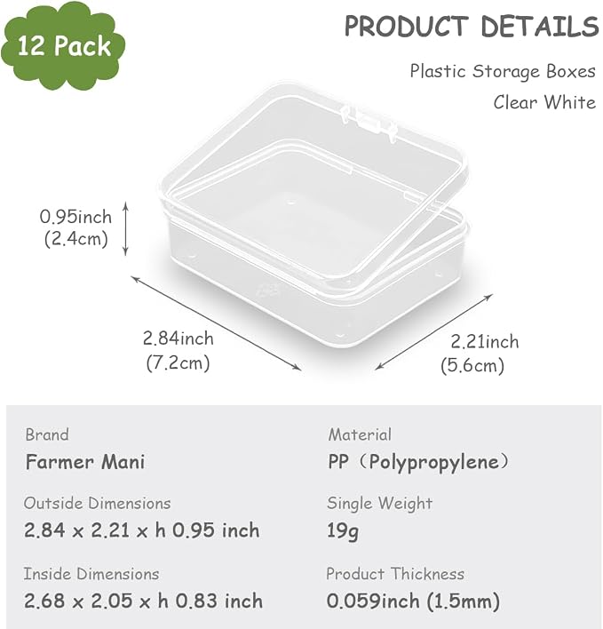 12 Pack Rectangle Small Plastic Containers (2.84 x 2.21 x 0.95 Inch), Small Plastic Containers, Mini Bead Organizer for items, Crafts, Beads, Coins, Jewelry and Business Cards