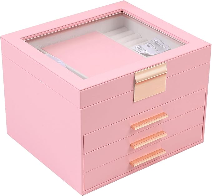 BOOVO Clear Lid Jewelry Box,3 Layers Jewelry Organizer Large Jewelry Storage Box with 2 Drawers,Jewelry Holder Organzier of Rings Earrings Necklace Bracelets for Women (Pink, 4 Layer)