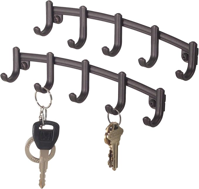 mDesign Steel Modern Key Holder for Wall - Decorative Wall-Mount Key Ring Holder and Hook Rack - 5 Metal Hooks for Hanging Dog Leash, Car Keys, and Keychain - Hyde Collection - 2 Pack - Bronze
