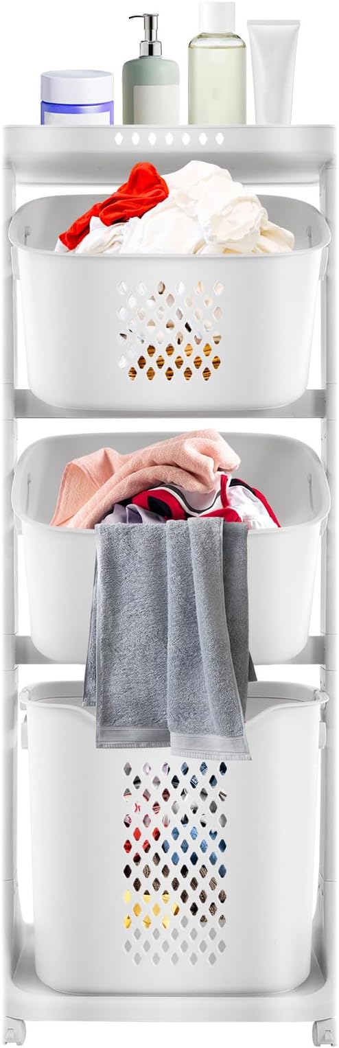 3 Tier Laundry Hamper Basket Sorter Clothes Storage Organizer Shelf Rolling Cart