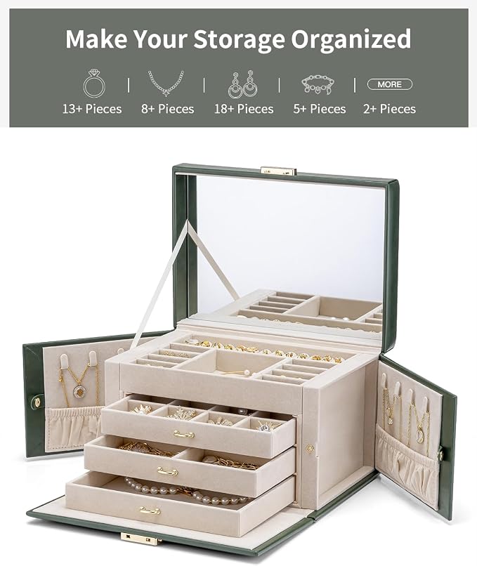 VLANDO Jewelry Box for Girls, 4-Tier Jewelry Organizer with Lock, Mirror Jewelry Box for Earring, Ring, Necklace and Bracelets - Green
