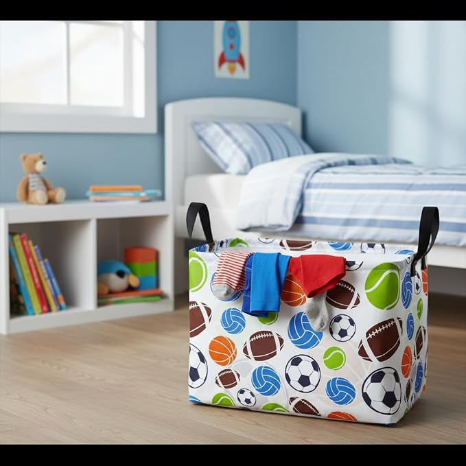 Football Storage Basket Empty, Waterproof Football Storage Bins Organizer, Foldable Closet Shelf Baskets with Handles for Home Office Dorm Closet Shelf