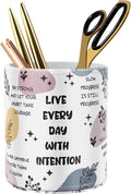 Pen Holder Cute, Pencil Cup, Makeup Brush Holder, Multi-Functional Round Leather Pen Supply Organizer for Teens Adults, Inspiring Words Pattern