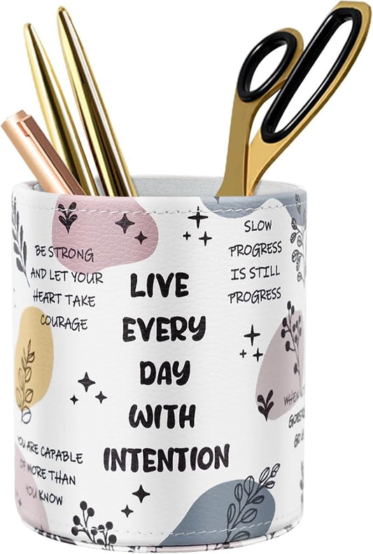 Pen Holder Cute, Pencil Cup, Makeup Brush Holder, Multi-Functional Round Leather Pen Supply Organizer for Teens Adults, Inspiring Words Pattern