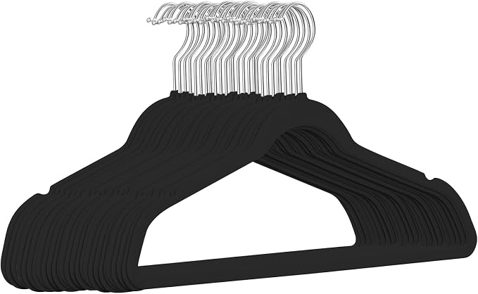 TIMMY 50 Pack Velvet Hangers, Non-Slip Ultra-Thin Space-Saving Suit & Coat Hangers with 360° Silver Swivel Hook - Hold 10 lbs, for Blazers, Dresses & Pants (Black/Silver, 17.7 in)