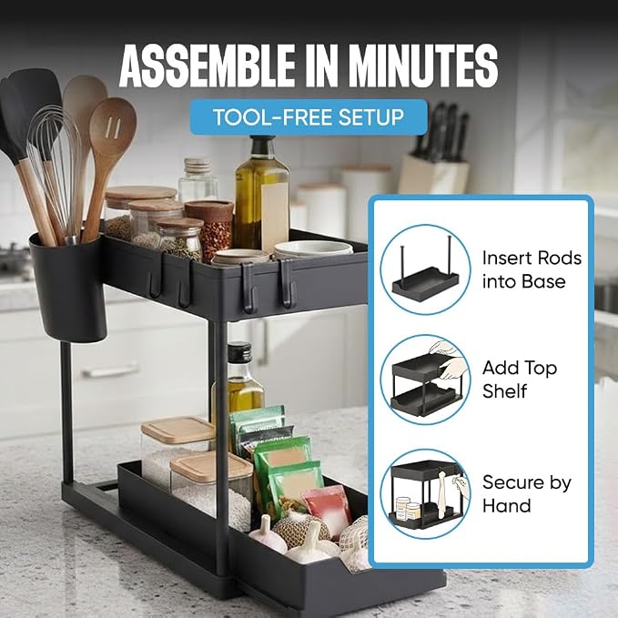 Undersink Organizer, 2-Tier Under Sink Storage Rack with Sliding Drawers for Kitchen Bathroom Cabinets, Pull Out Organizer for Pantry, Laundry Room & Closet Organization - 1 Pack, Black