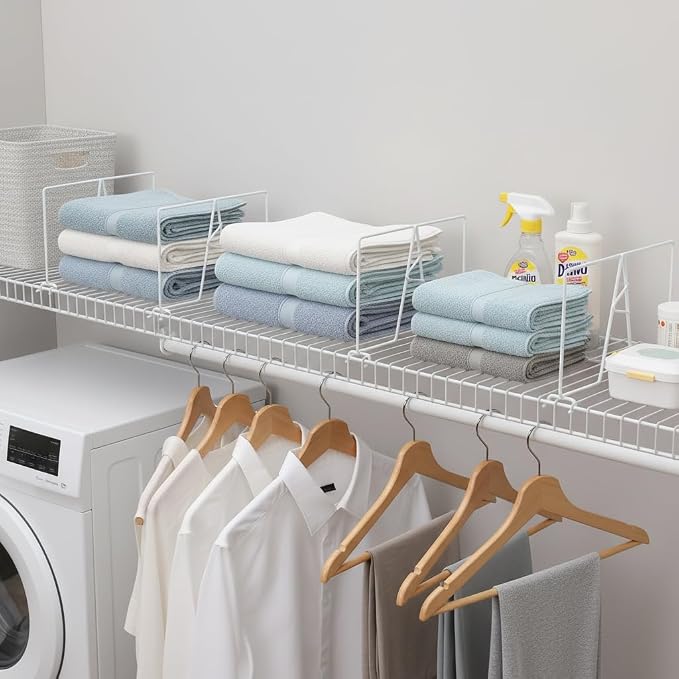 Wire Shelf Dividers - White Closet Organization & Storage Organizer - No Tool Shelf Divider for Wire Shelves - Metal Shelf Accessories – for 12“ Deep Wire Shelves – Tall 7” Height – 4 Pack