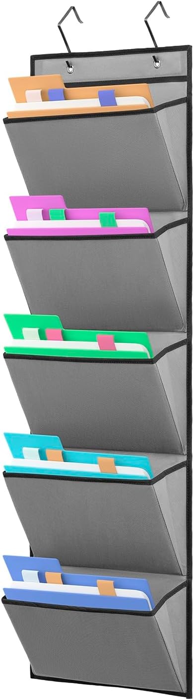 Wall Mounted Hanging Mail Organizer Back to School Paper Organizer File Holder for Classroom Office Organization (5 POCKETS-GREY)