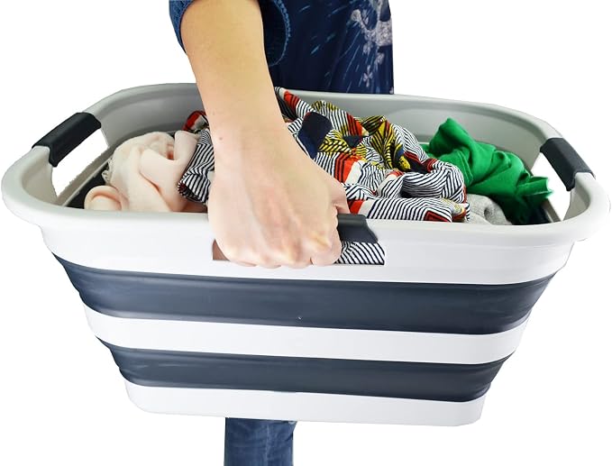 SAMMART 30L(8 gallon) Collapsible Plastic Laundry Basket - Foldable Pop Up Storage Container/Organizer - Space Saving Hamper/Basket - Water Capacity 24L(6.3 gallon) (1, Grey/Slate Grey)