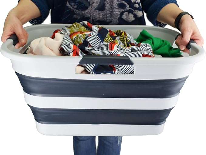 SAMMART 30L(8 gallon) Collapsible Plastic Laundry Basket - Foldable Pop Up Storage Container/Organizer - Space Saving Hamper/Basket - Water Capacity 24L(6.3 gallon) (1, Grey/Slate Grey)
