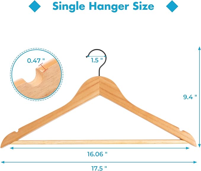 JS HANGER Wooden Hangers 30 Pack, Natural Wood Suit Hangers with Non Slip Shoulder Grooves, Clothes Hangers for Coats, Shirts, Jackets, Pants, Suits
