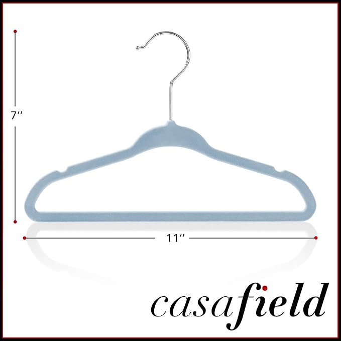 Casafield 100 Velvet Baby Hangers - 11" Size for Infant & Toddler Clothes - Light Blue