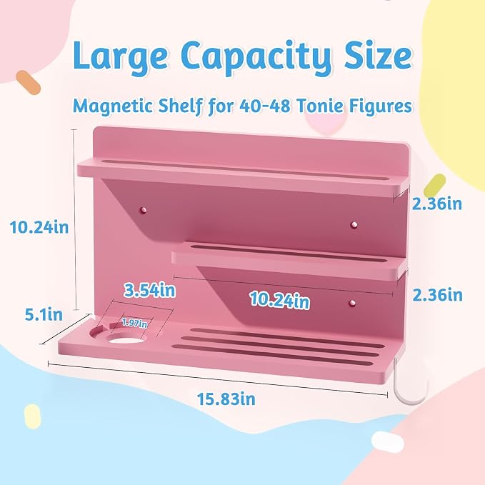 for Tonies Shelf Magnetic - Tonies Figure Organizer for Kids Room, Wooden Magnetic Display Shelf for Tonies Box Holder, Wall Floating Shelves Toy Storage Compatible Charging Station (3 Tier, Pink)