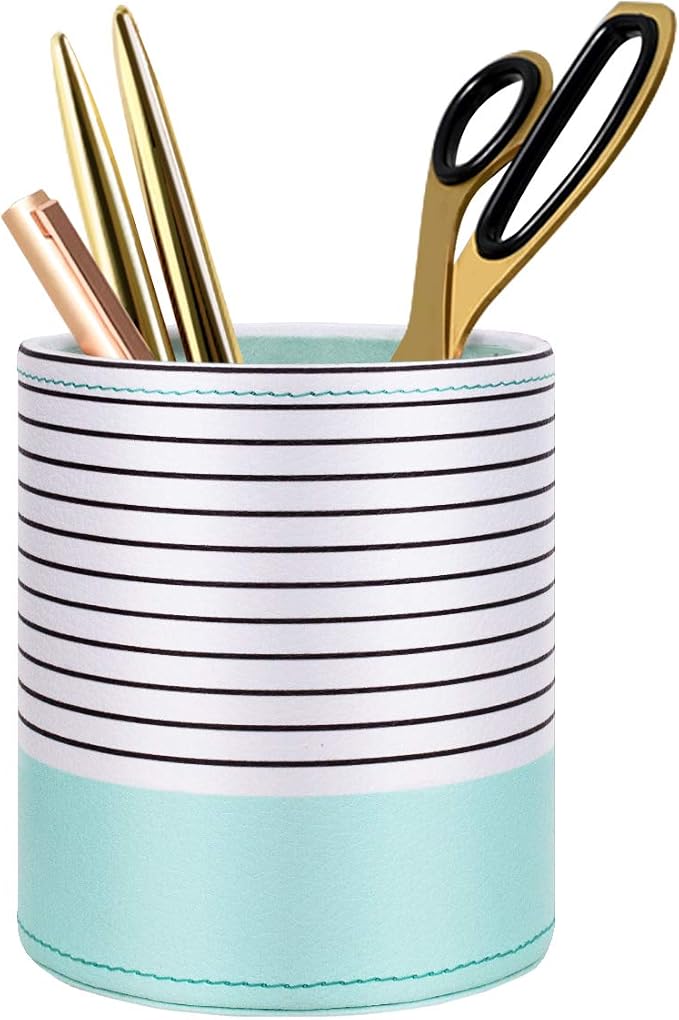 Pen Holder, Pencil Cup Pot Desk Organizer Multi Purpose Use Cute for Adults Kids Luxury Leather Makeup Brush Holder for Home, Office, Classroom, Stripes Mint Green