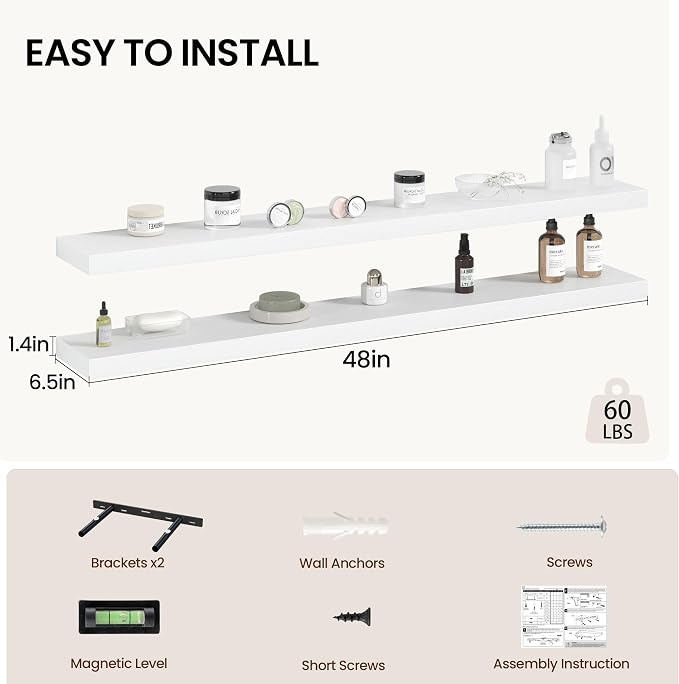 Vivelove 48 Inch Floating Shelves Wall Mounted for Display, 6.5 Deep Duty Shelves with Invisible Brackets for Living Room,Bedroom,Kitchen, Bathroom Storage & Decor,48" Wx6.5 Dx1.4 H - White
